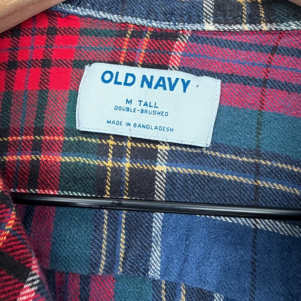 Old Navy Flannel Shirt Mens M Tall Blue Red Double-Brushed Plaid Cabincore Cozy